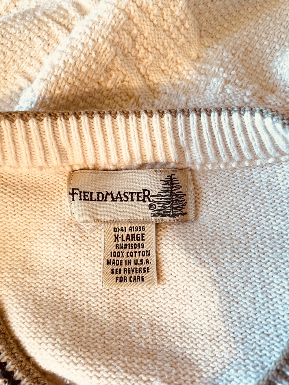 VTG 90s Fieldmaster Men’s Wood Duck Sweater Textured Cotton USA Ivory Preppy XL - Picture 3 of 10